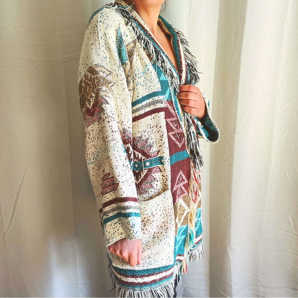 VTG Handmade Southwestern Aztec Native American Blanket Fringe Cardigan / Coat - Picture 5 of 16
